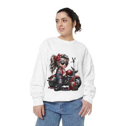 Retro Biker Girl Sweatshirt — Cute Motorcycle Crewneck