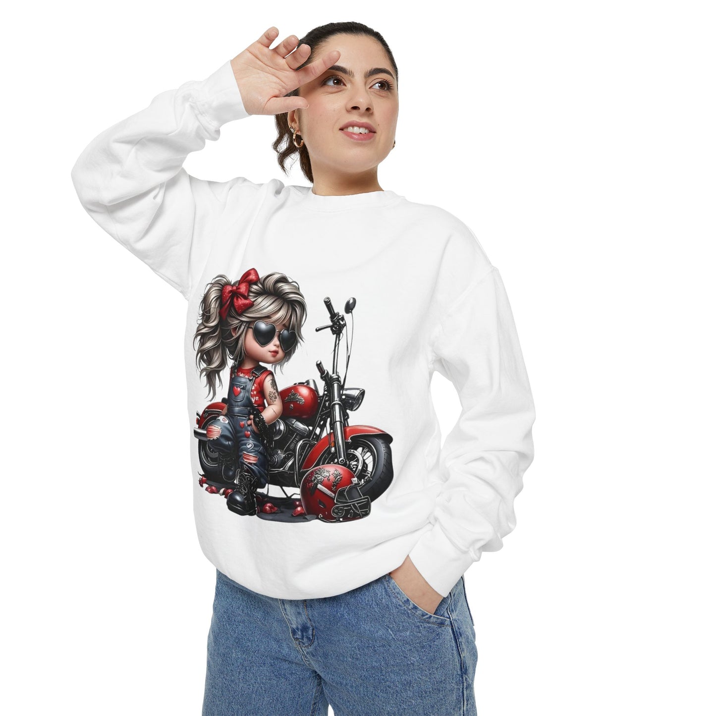 Retro Biker Girl Sweatshirt — Cute Motorcycle Crewneck