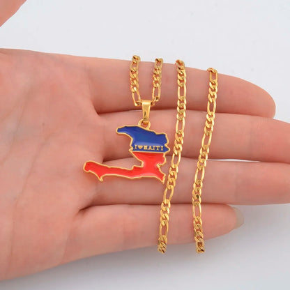 Haiti Map with Flag Pendants Necklaces for Men Ayiti Jewelry Gold Plated #116006