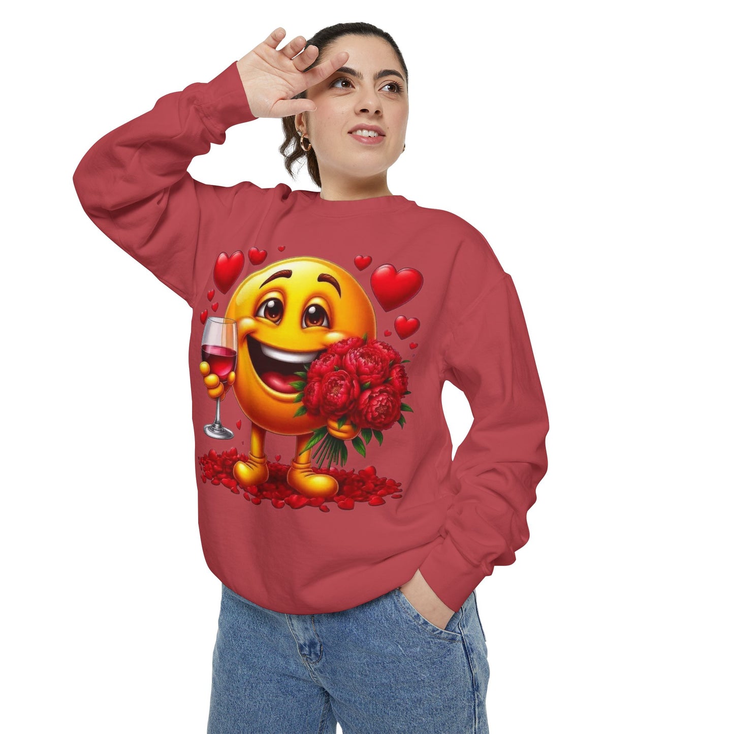 Valentine Emoji Sweatshirt — Smiley with Roses & Wine Love Crewneck
