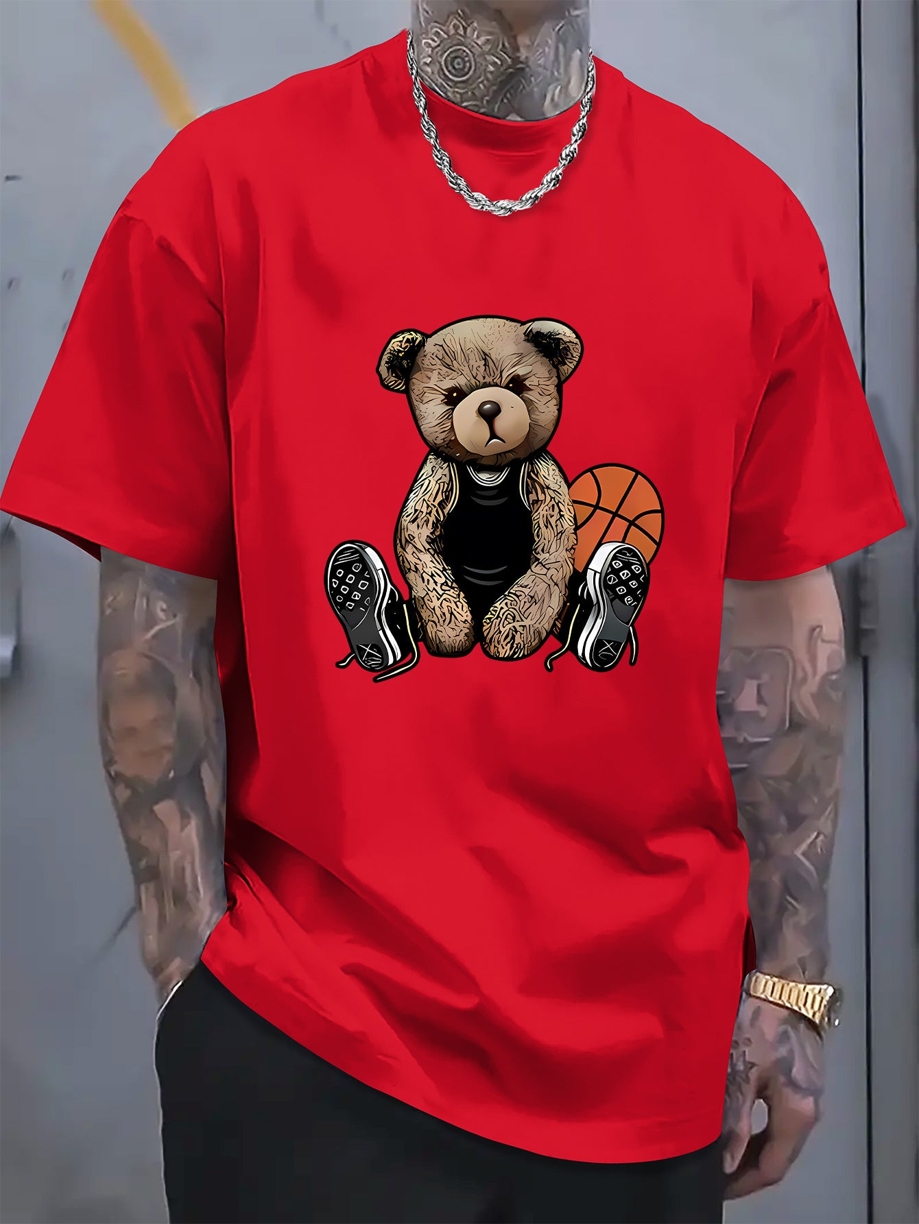 Men's T-shirt With Cool Bear And Basketball Prints, Casual Short Sleeved Round Neck T-shirt, Soft And Comfortable Top, Street Fashion