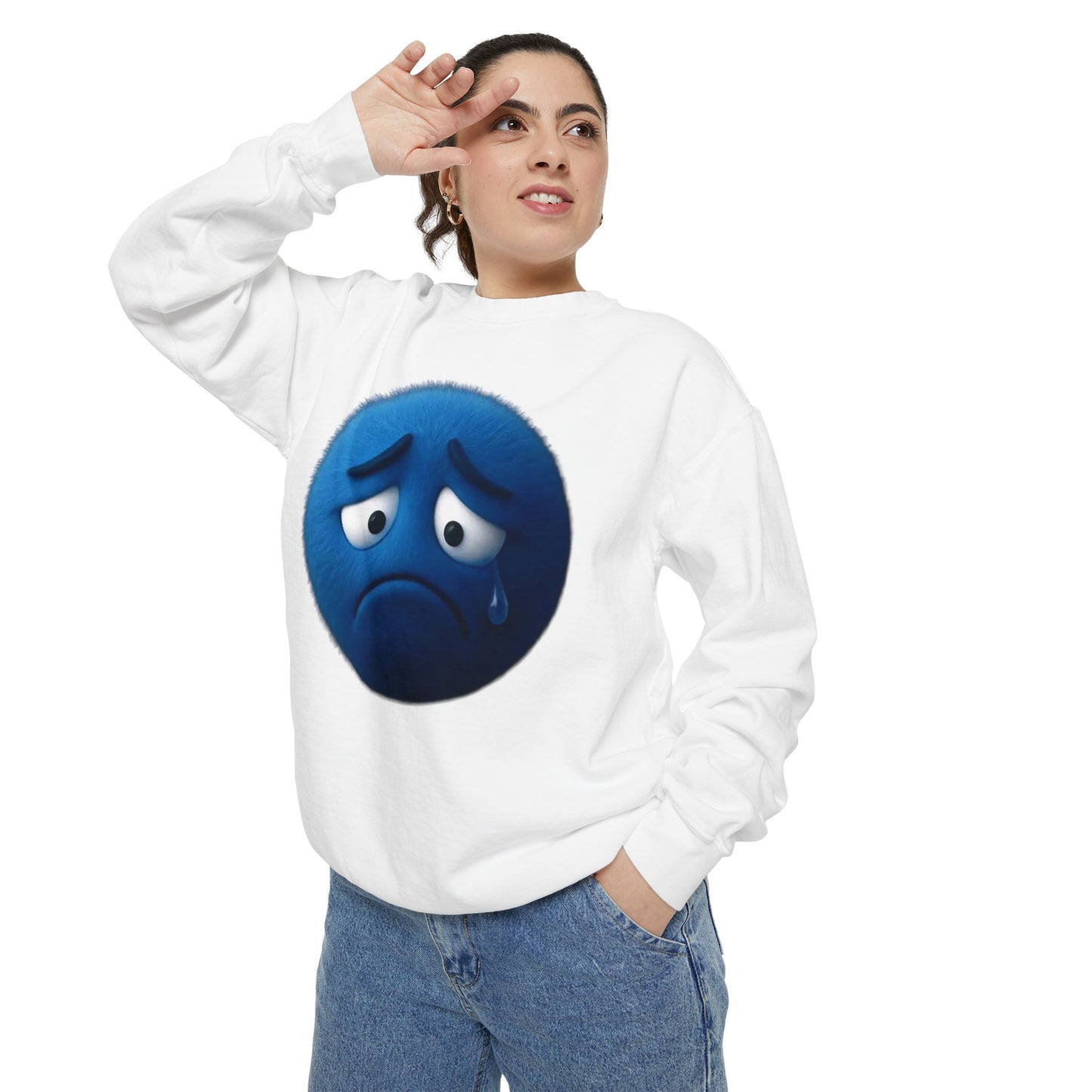 Sad Blue Emoji Sweatshirt – Cute Tear Drop Face Graphic Crewneck