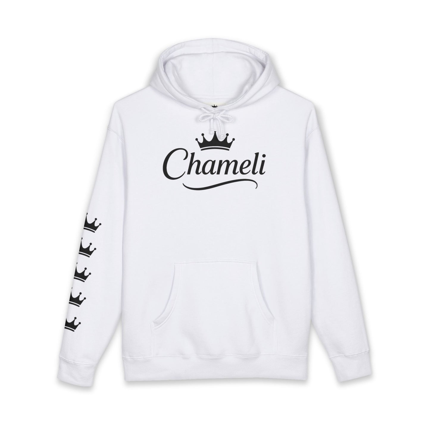 Chameli Crown Hoodie — Personalized Script Logo Pullover with Sleeve Crowns