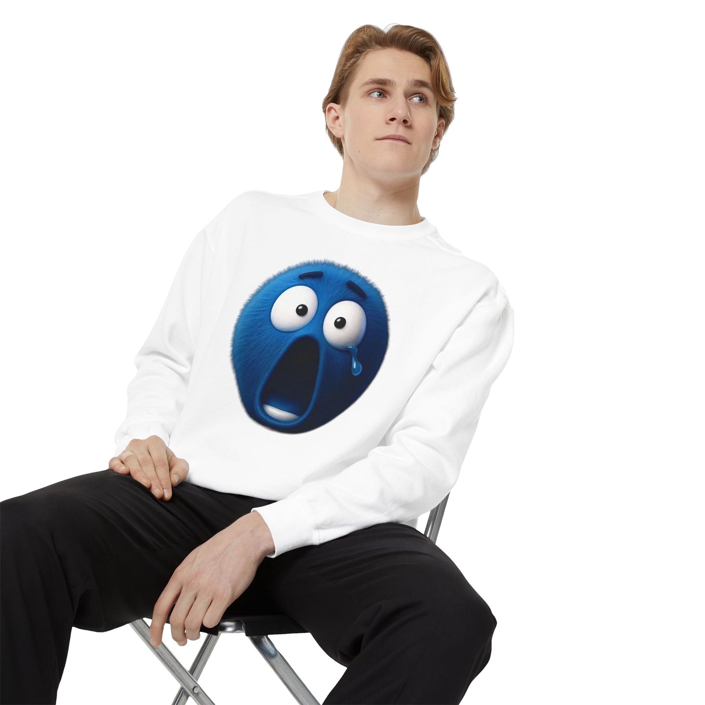 Blue Shock Emoji Sweatshirt — Funny Surprised Face Graphic Pullover