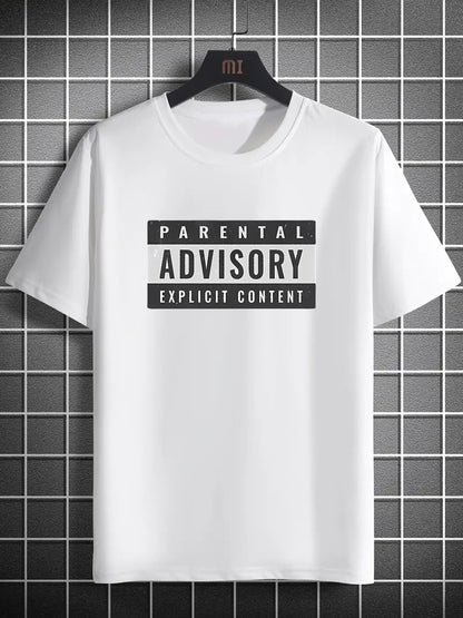 Parents' Advice Letter Printed Men's Round Neck Short Sleeved T-shirt, Fashionable T-shirt, Casual And Comfortable Lightweight Top Suitable For Summer