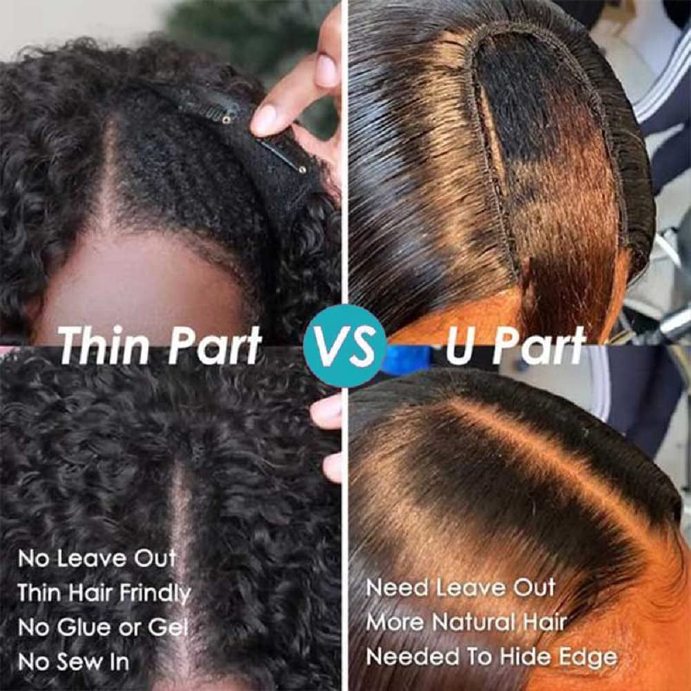 Curly V Part Wig Human Hair Brazilian Virgin Human Hair Wigs for Black Women Upgrade U Part Wig Glueless Full Head Clip in Half Wig V Shape Wig No Leave Out 180% Density Natural Color 16 Inch