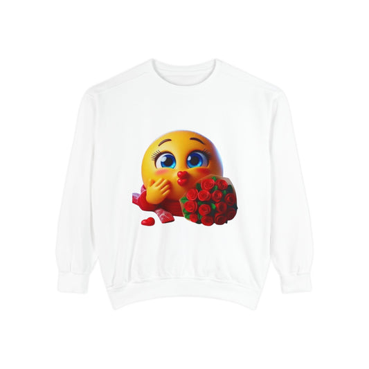 Kissing Emoji with Roses Sweatshirt — Cute Valentine’s Bouquet Graphic Sweatshirt