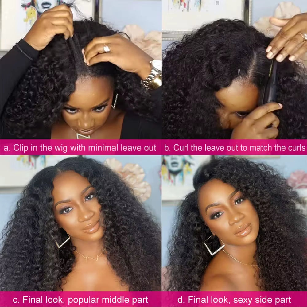 Deep Curly V Part Wigs Kinky Curly Synthetic Hair Wigs for Black Women Deep Water Wave No Leave Out Full Head Clip in Half Wig