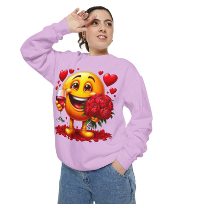 Valentine Emoji Sweatshirt — Smiley with Roses & Wine Love Crewneck