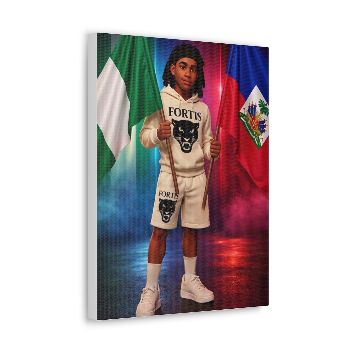 Classic Canvas Portrait Print — Youth Holding Nigeria & Haiti Flags