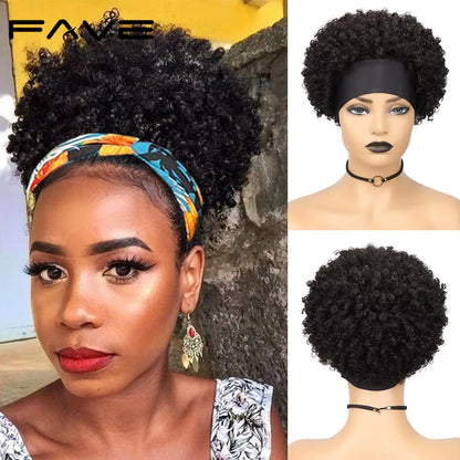 Headband Wig Afro Curly Scarf Wig Brazilian Remy Human Hair for African Women Turban Wrap-Wig Afro Puff Half Hair Up-Do Wig