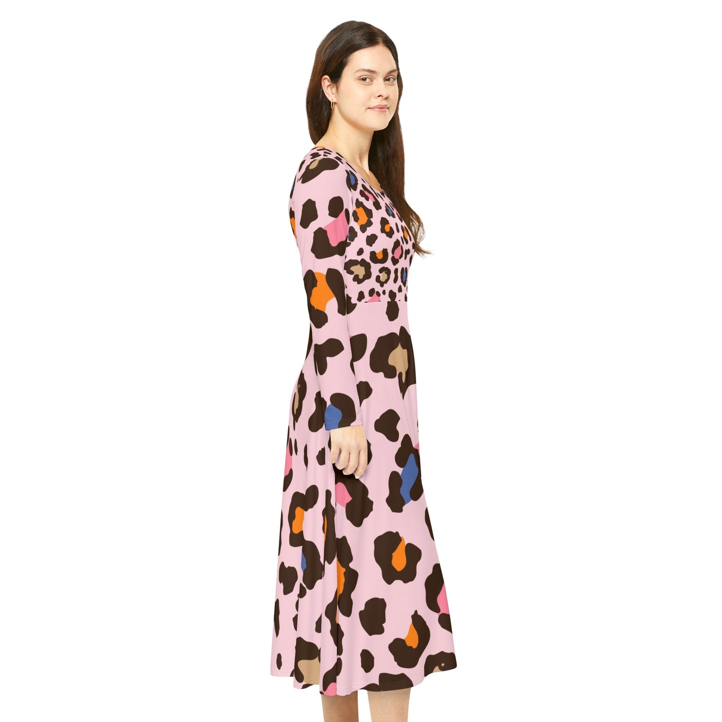 Pink Leopard Print Long Sleeve Dance Dress — Women's AOP Swing Skater Dress