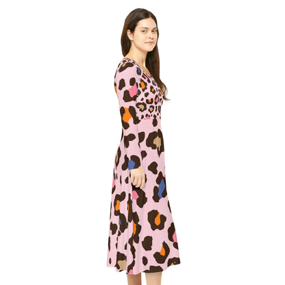 Pink Leopard Print Long Sleeve Dance Dress — Women's AOP Swing Skater Dress