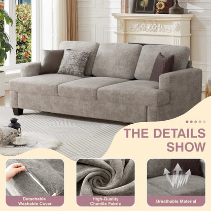 Comfy Sofa Couch, Upholstered Deep 3 Seats Sofa for Living Room, Chenille Fabric Sofa Couch with Reovable Cover, Gray