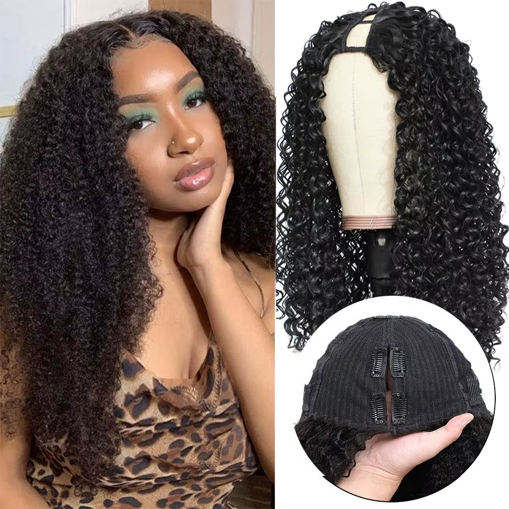 Deep Curly V Part Wigs Kinky Curly Synthetic Hair Wigs for Black Women Deep Water Wave No Leave Out Full Head Clip in Half Wig