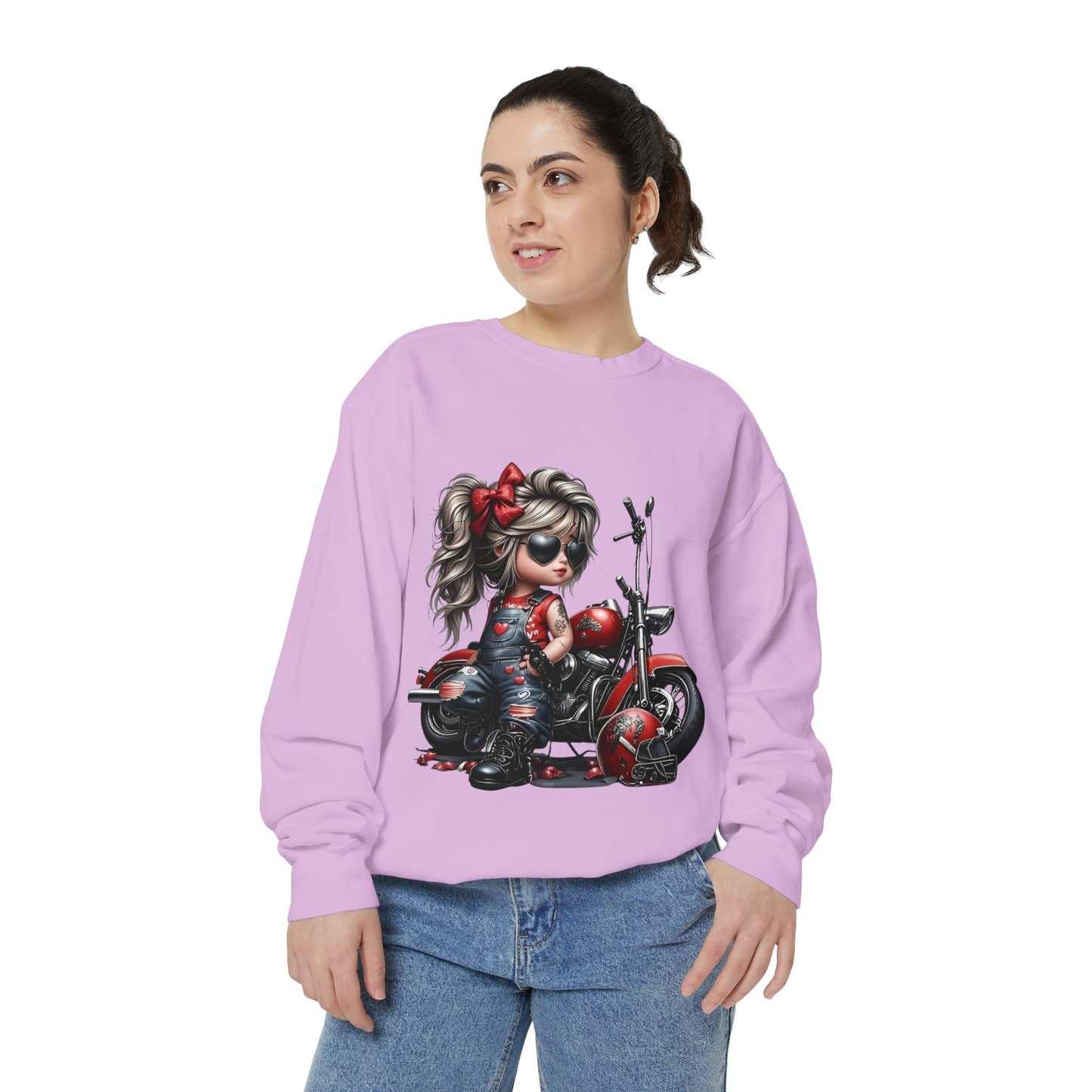 Retro Biker Girl Sweatshirt — Cute Motorcycle Crewneck