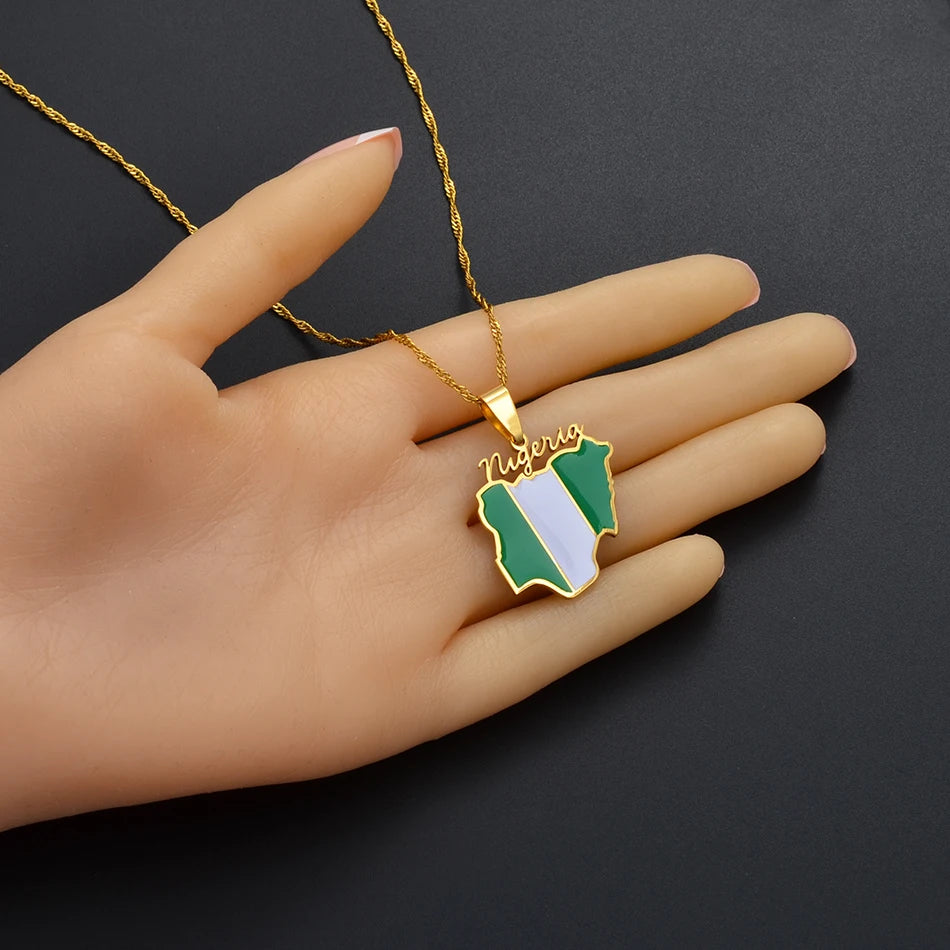 Nigeria Map Flag Pendant Necklaces Gold Color Nigerian Maps Jewelry Patriotic #136621