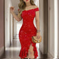 Women Solid Color Shiny Off-The-Shoulder Ruffled High Slit Bodycon Dress