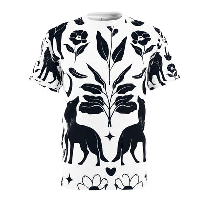 Botanical Fox Pattern Tee — Black & White Floral All-Over Print T-Shirt