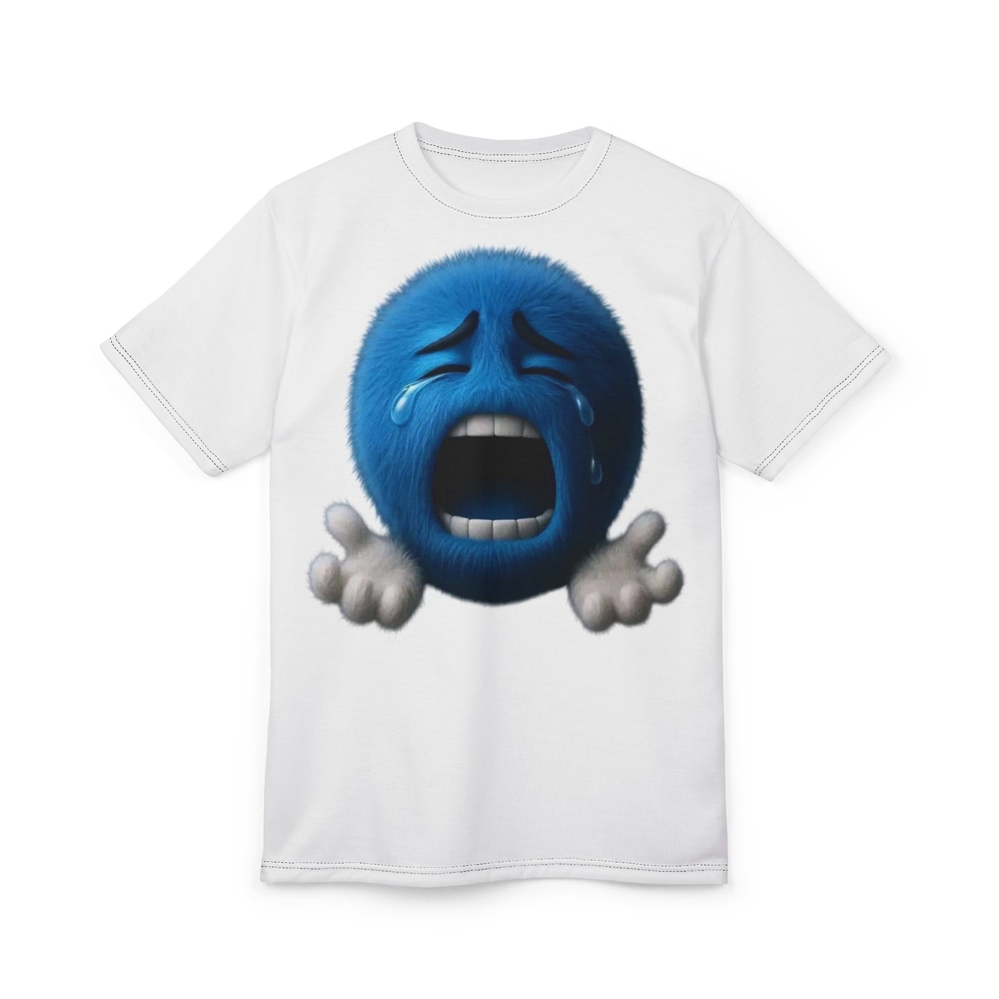 Crying Blue Fuzzy Emoji T-Shirt — Sad Face Graphic Tee