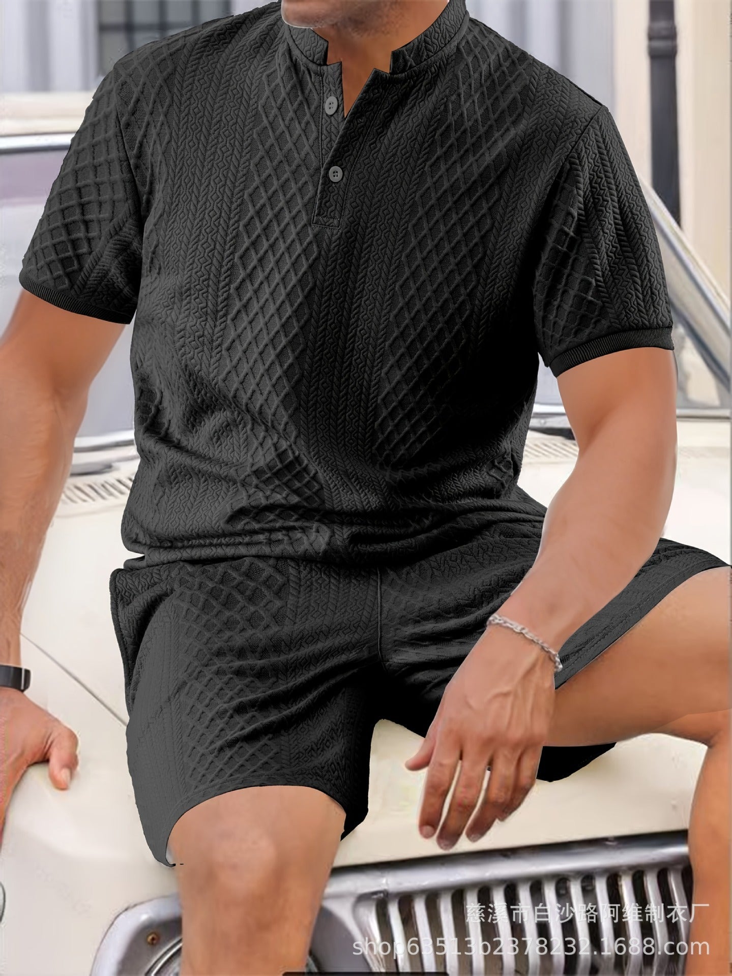 Men's Clothes Summer Wear Jacquard Walf Checks Fabric Short Sleeve Shorts Suit
