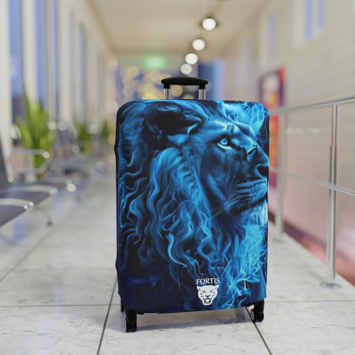 Blue Fire Lion Luggage Cover – Protective Suitcase Skin with Bold Lion Artwork