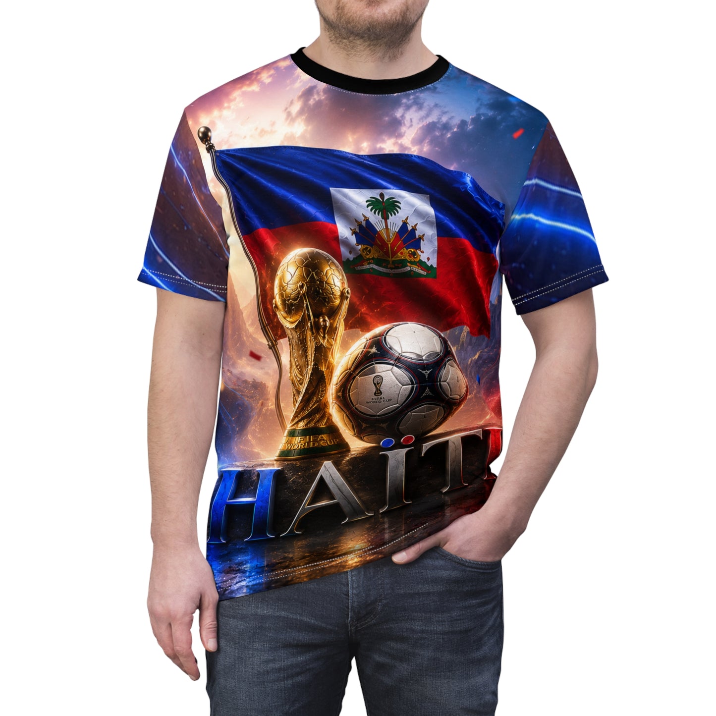 Haiti Soccer World Cup Tee — Haitian Flag & Trophy All-Over Print