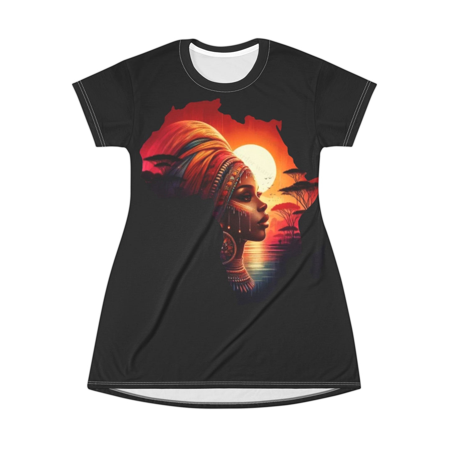 African Sunset T-Shirt Dress — Afrocentric Silhouette Sunset Portrait Dress