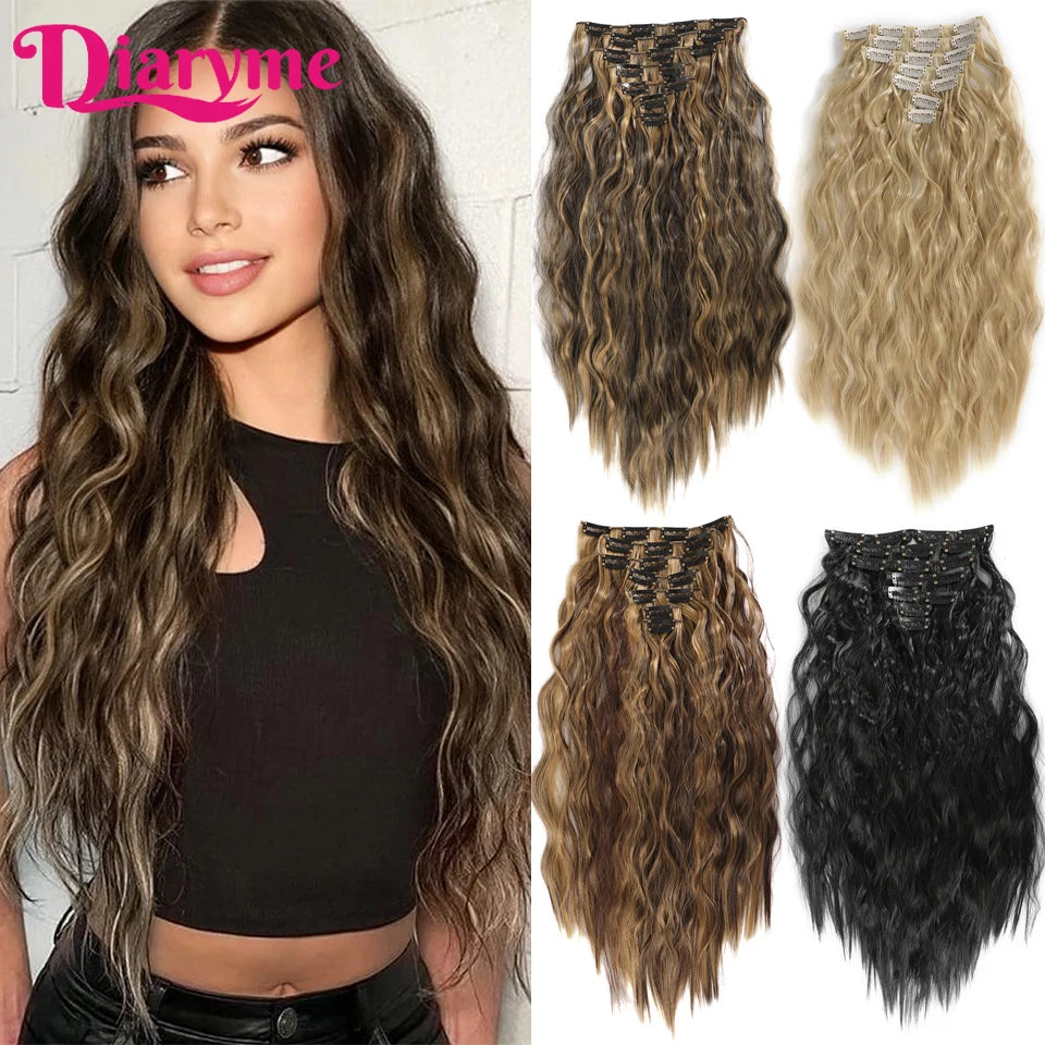 Long Waves Hair Extensions Synthetic Wig Hairpieces 7 PCS Wavy Curly Clip in Hair Extension Natural Fake Hair Piece Half Wig