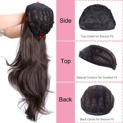 24" Synthetic Wave 3/4 Ladies Half Wig Hair Wavy Wigs with Comb on a Mesh Head Cap Clip in Hair Extension