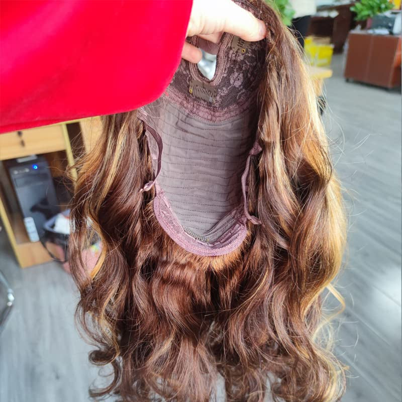 22Inch Ombre Highlight U Part Wig Human Hair Body Wave for Women 4/27 Balayage Brown Blonde 180% 1X4 U Open Full Head Upart Natural Hair Half Wig Clips in Scalp Protective Beginner Friendly
