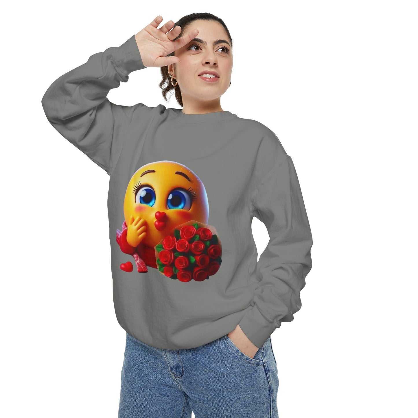 Kissing Emoji with Roses Sweatshirt — Cute Valentine’s Bouquet Graphic Sweatshirt