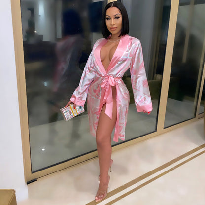 Printed Loose Robe Bathrobe Cardigan Housewear,Robe Décontractée Imprimée Style Kimono – Cardigan Loungewear Chic pour Femme