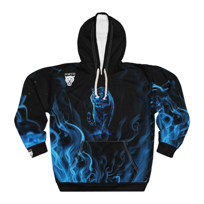 Blue Flame Panther Hoodie – Black Pullover with Neon Cat Flames