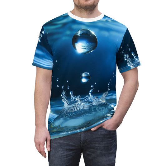 Water Drop All-Over Print Tee — Photorealistic Splash Design
