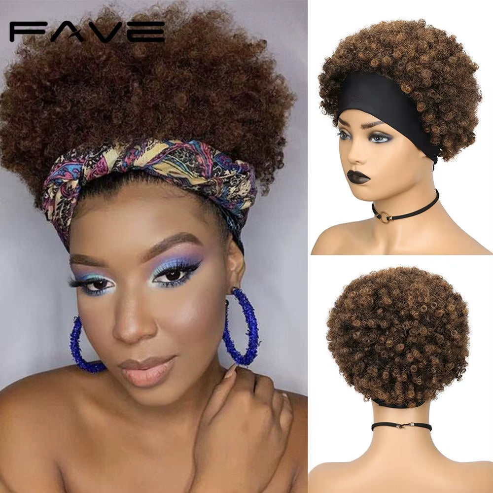 Headband Wig Afro Curly Scarf Wig Brazilian Remy Human Hair for African Women Turban Wrap-Wig Afro Puff Half Hair Up-Do Wig