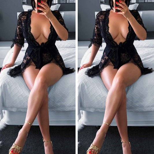 Robe Kimono Sexy en Dentelle Transparente – Cardigan Lingerie Noir pour Femme
