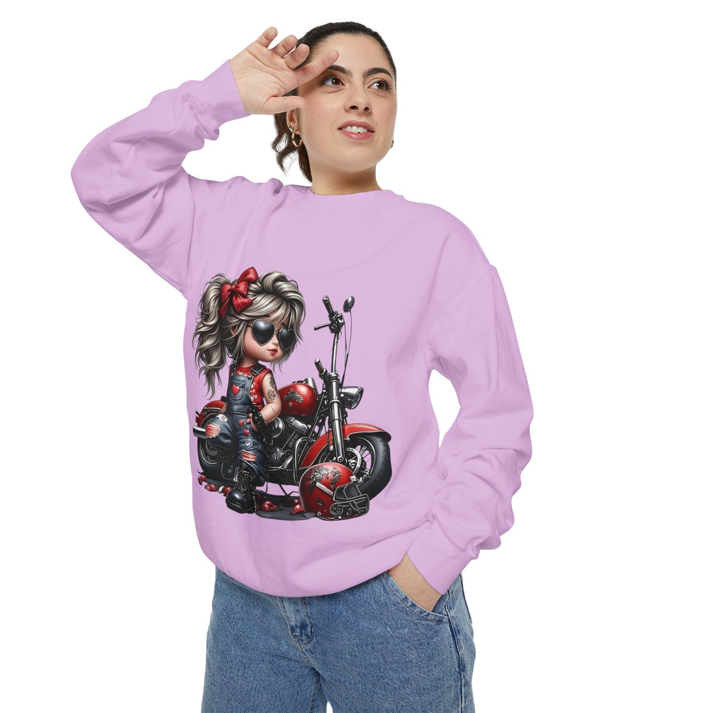 Retro Biker Girl Sweatshirt — Cute Motorcycle Crewneck
