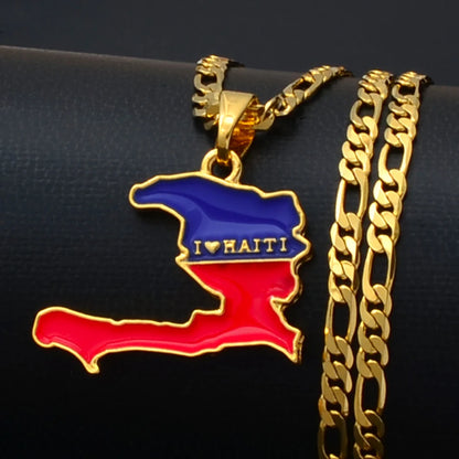 Haiti Map with Flag Pendants Necklaces for Men Ayiti Jewelry Gold Plated #116006