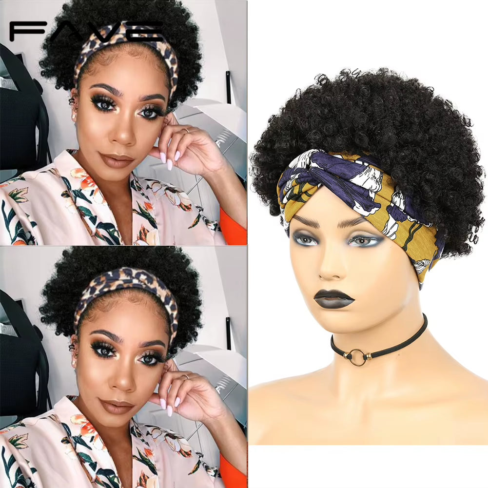 Headband Wig Afro Curly Scarf Wig Brazilian Remy Human Hair for African Women Turban Wrap-Wig Afro Puff Half Hair Up-Do Wig