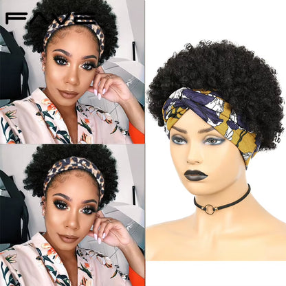 Headband Wig Afro Curly Scarf Wig Brazilian Remy Human Hair for African Women Turban Wrap-Wig Afro Puff Half Hair Up-Do Wig