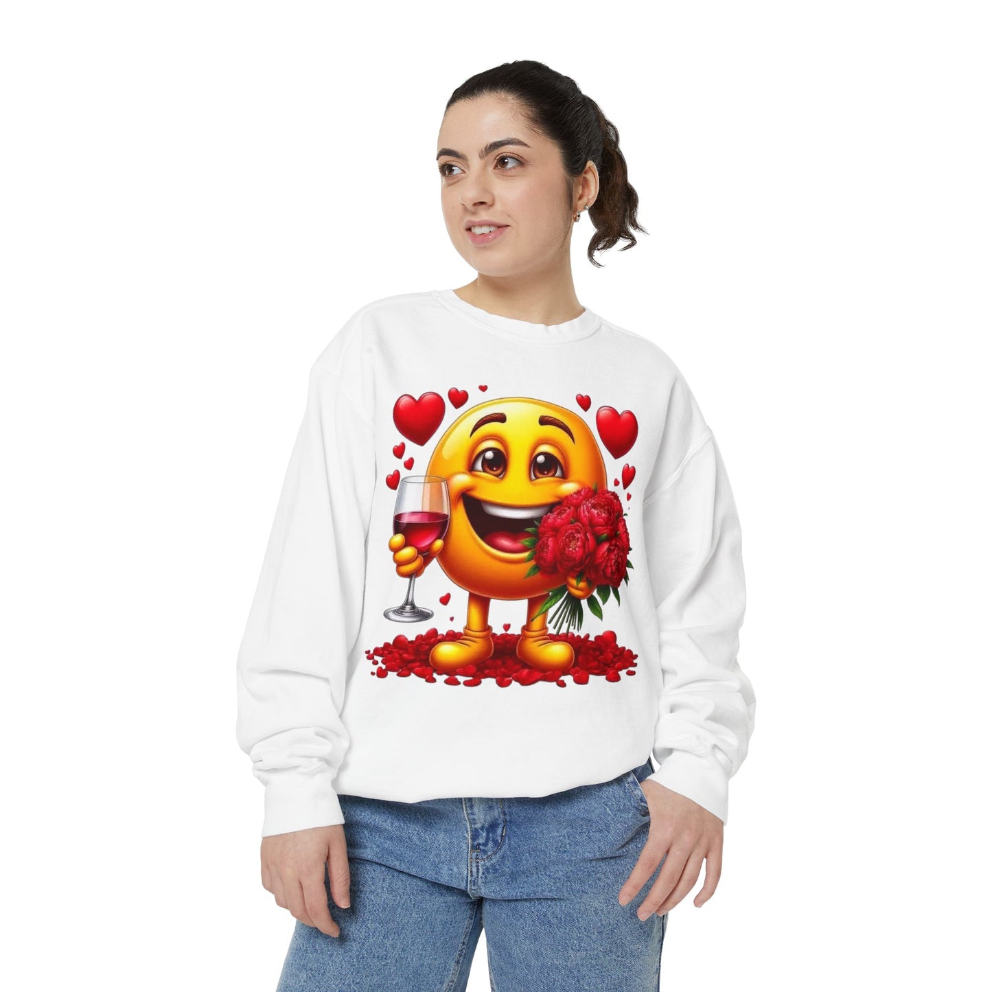 Valentine Emoji Sweatshirt — Smiley with Roses & Wine Love Crewneck