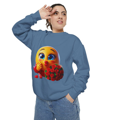Kissing Emoji with Roses Sweatshirt — Cute Valentine’s Bouquet Graphic Sweatshirt