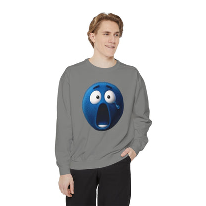 Blue Shock Emoji Sweatshirt — Funny Surprised Face Graphic Pullover