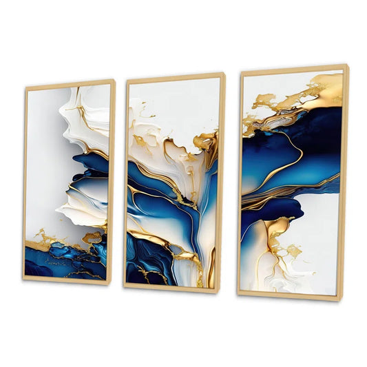 Abstract Geode Gold and Blue Marble Shape III - Modern 3 Piece Print on Canvas