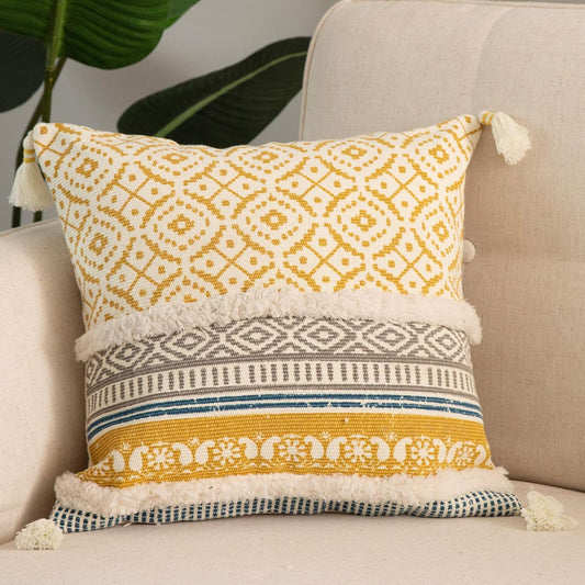 Boho Tufted Decorative Throw Pillow Covers for Couch Sofa - Modern Moroccan Pillow Case with Tassels, Accent Decor Large Pillowcase for Bedroom Living Room Car Hotel, 22 X 22 Inches, Yellow