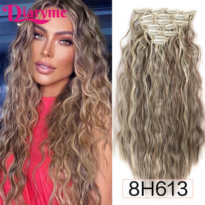 Long Waves Hair Extensions Synthetic Wig Hairpieces 7 PCS Wavy Curly Clip in Hair Extension Natural Fake Hair Piece Half Wig