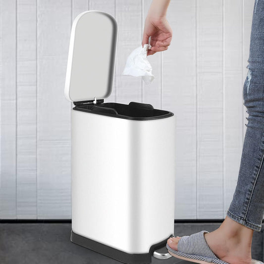 10 Liter/2.6 Gallon Small Trash Can with Lid Soft Close, Removable Inner Waste Basket, Rectangular Slim Garbage Can for Bathroom Bedroom Office Nursery, Narrow Step Trash Bin, White