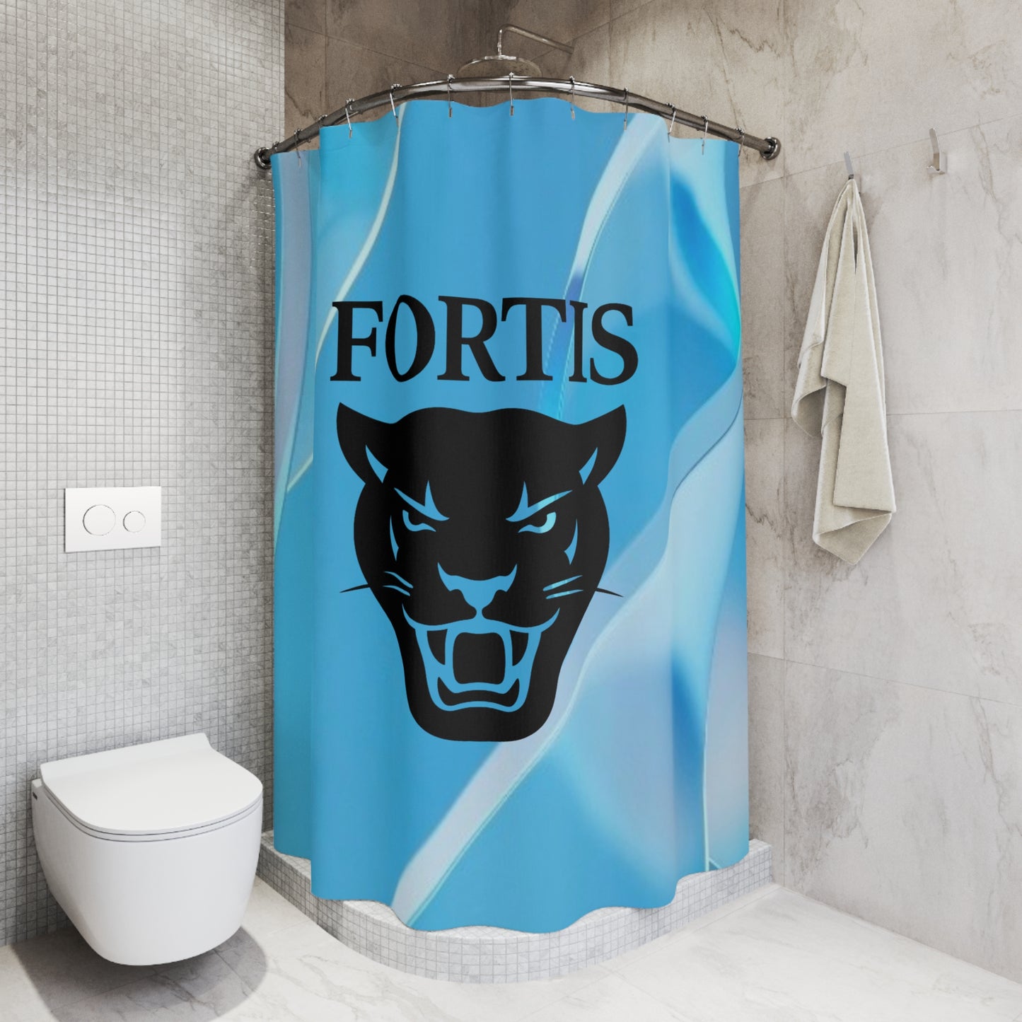 Fortis Panther Blue Shower Curtain — Modern Team Logo Bathroom Decor