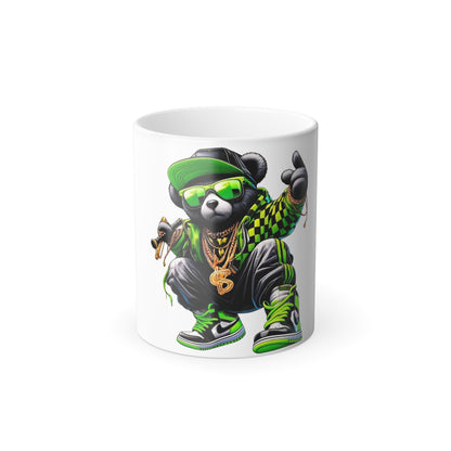 Color-Changing 11oz Mug — Hip Hop Bear Graphic (Green Streetwear)